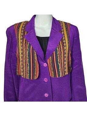 Silk Boutique Womens Purple Blazer With Multicolor Striped Embroidery 100% Silk